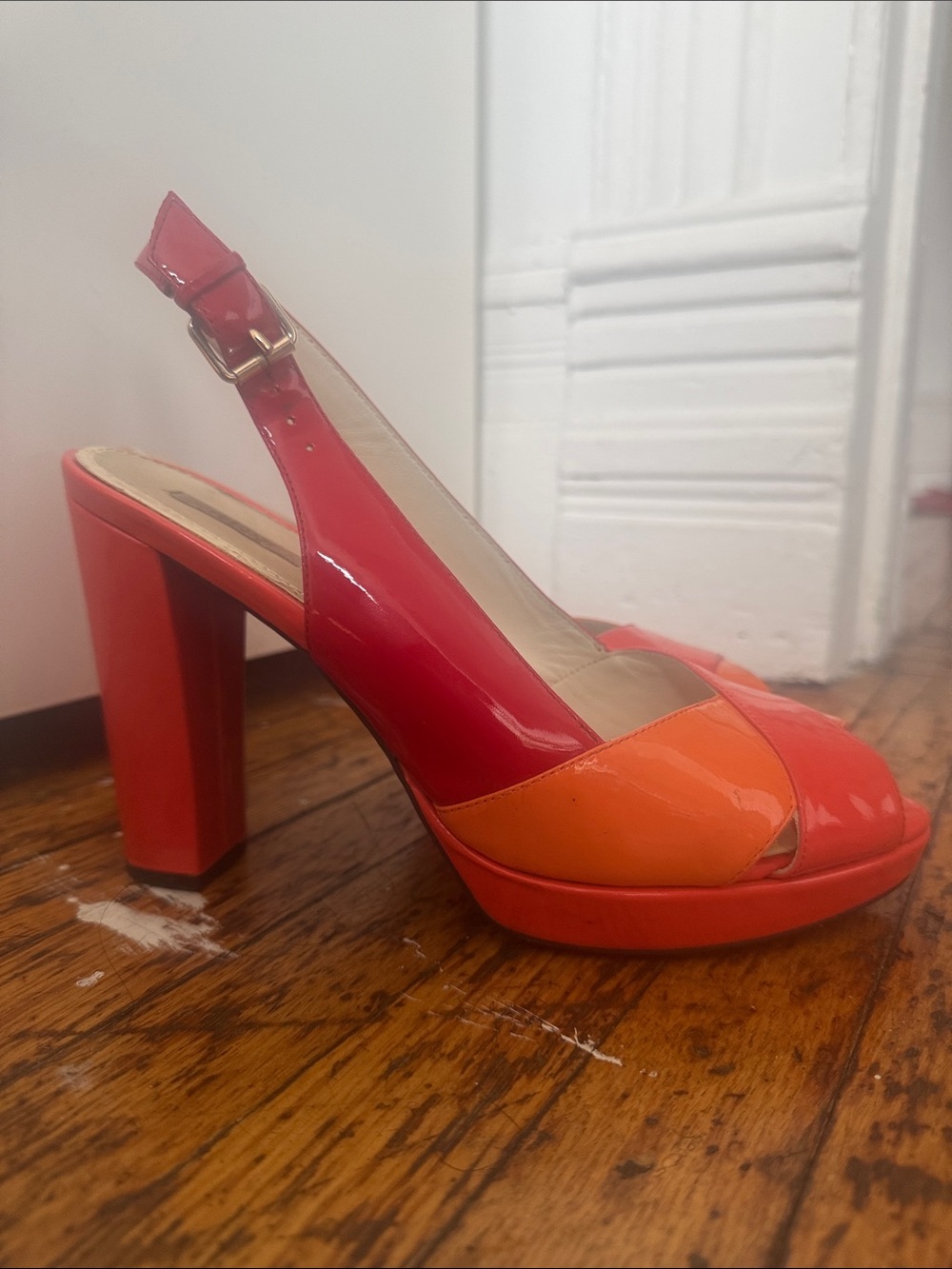 Geox Two-Tone Orange and Red Patent Peep-Toe Slingback Heels